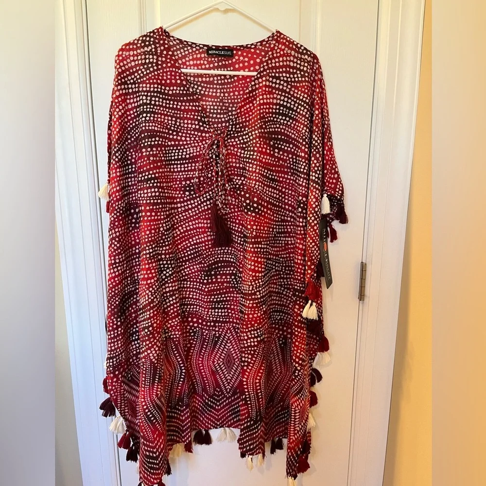 🆕 Miraclesuit Caftan Swimsuit Cover-up Women’s Tassles Cotton Red White Size S